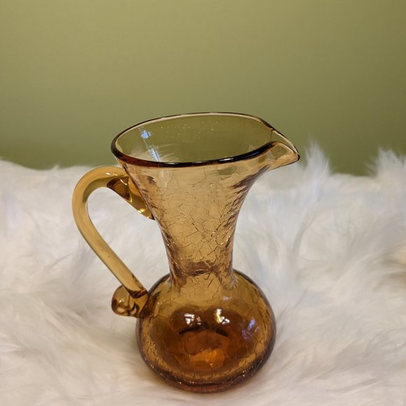 Vintage 1960's Amber Crackle Glass Pitcher and Vase (SET) - Picture 2 of 7